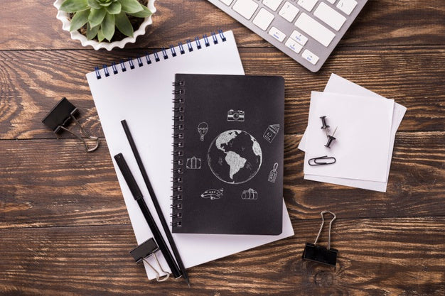 Free Flat Lay Notebook Mock-Up And Stationery Near Succulent Plant And Keyboard Psd