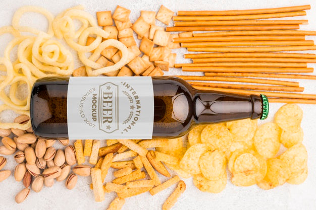 Free Flat Lay Of Beer Bottle With Assortment Of Snacks Psd