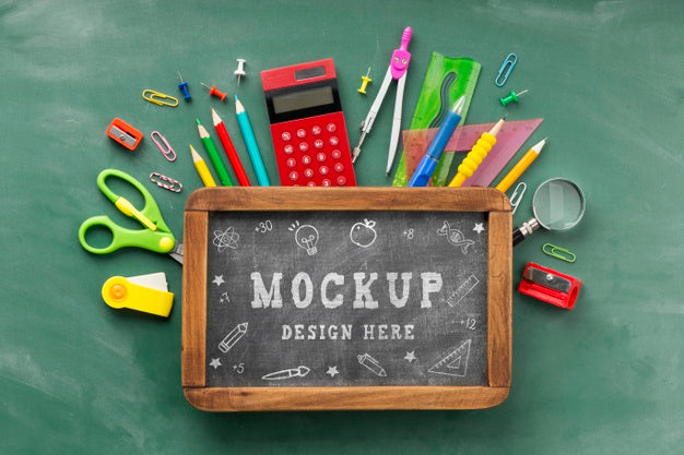 Free Flat Lay Of Chalkboard With School Essentials For Education Day Psd