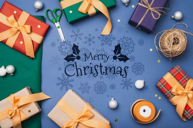 Free Flat Lay Of Colorful Christmas Gifts Mock-Up Psd