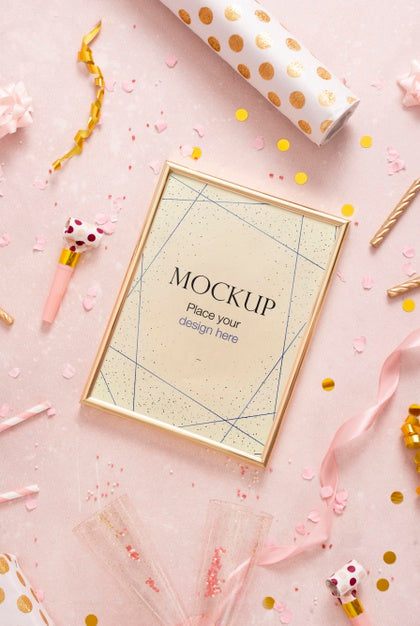 Free Flat Lay Of Elegant Birthday Frame With Confetti Psd