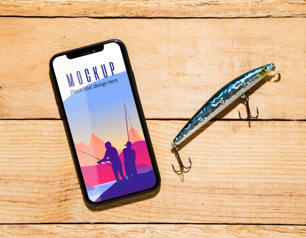 Free Flat Lay Of Smartphone With Fish Bait Psd