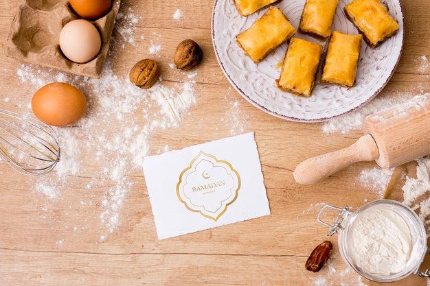 Free Flat Lay Ramadan Composition With Card Mockup Psd