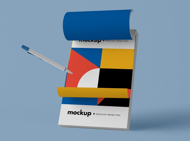 Free Front View Of Pen And Notepad With Geometric Shapes Psd