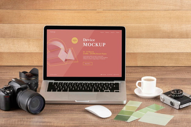 Free Front View Of Photographer Wooden Workspace With Laptop Psd