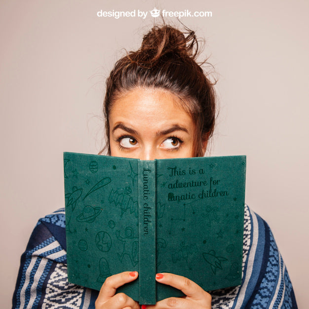 Free Girl Hiding Face Behind Book Psd