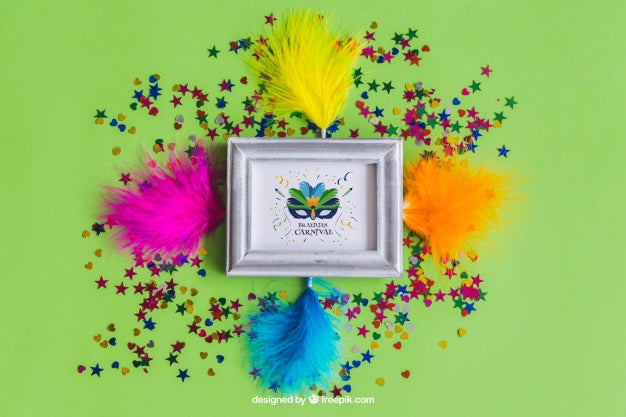 Free Great Carnival Mockup Design With Colored Feathers Psd