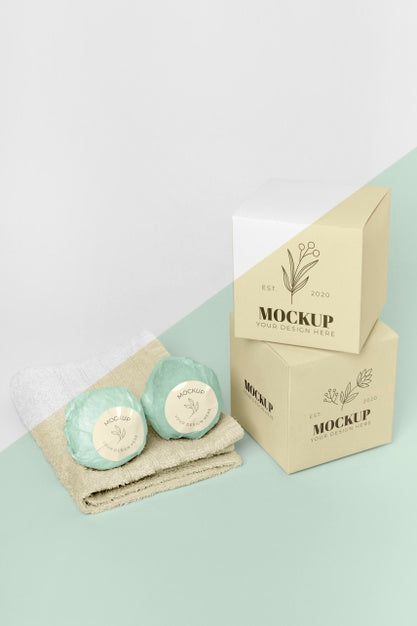 Free High Angle Boxes, Bath Bombs And Towel Psd