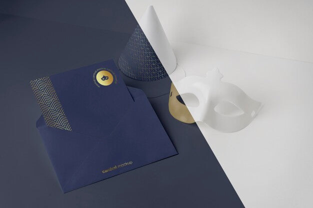 Free High Angle Of Carnival Invitation In Envelope With Mask And Cone Psd