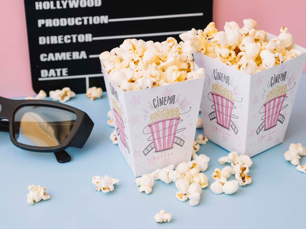 Free High Angle Of Clapperboard With Cinema Glasses And Popcorn Psd