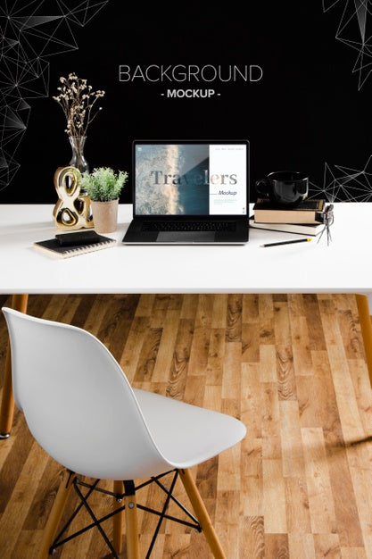 Free High Angle Of Desk With Laptop And Chair Psd