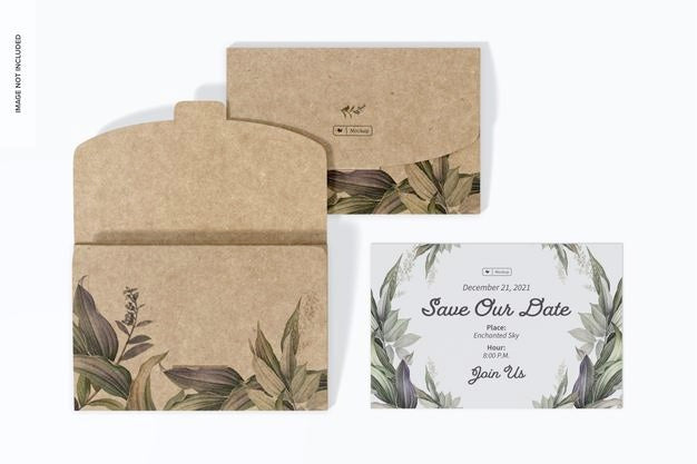 Free Kraft Invitation Envelope Mockup, Top View 02 Psd