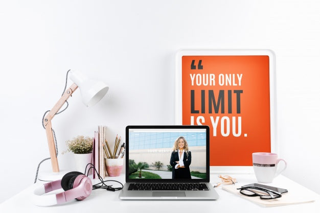 Free Laptop Mockup With Workspace Composition Psd