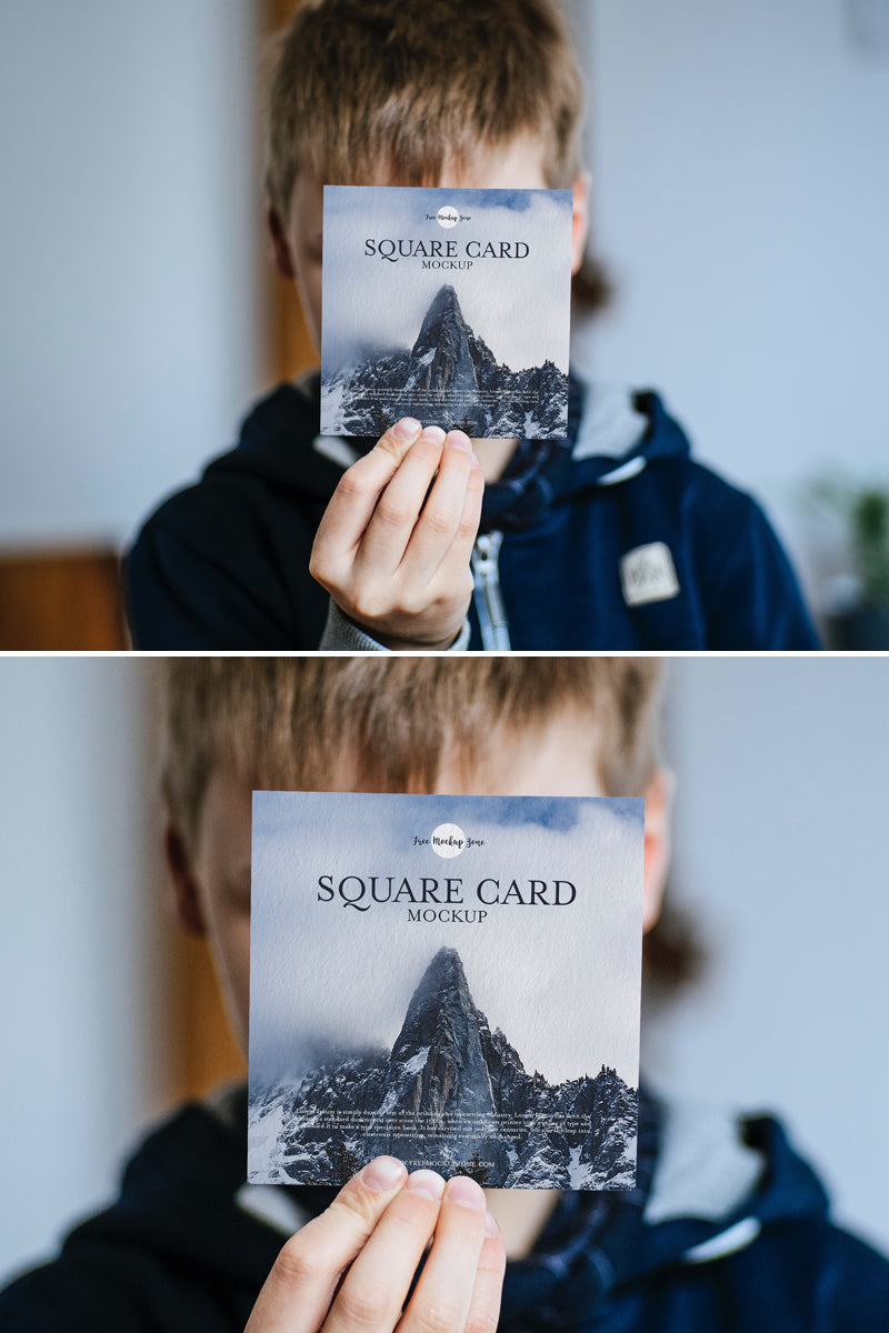 Free Little Boy Showing Square Card Mockup Psd