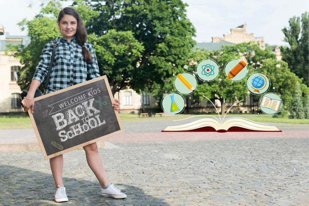 Free Long Shot Girl Holding A Blackboard Mock-Up Psd