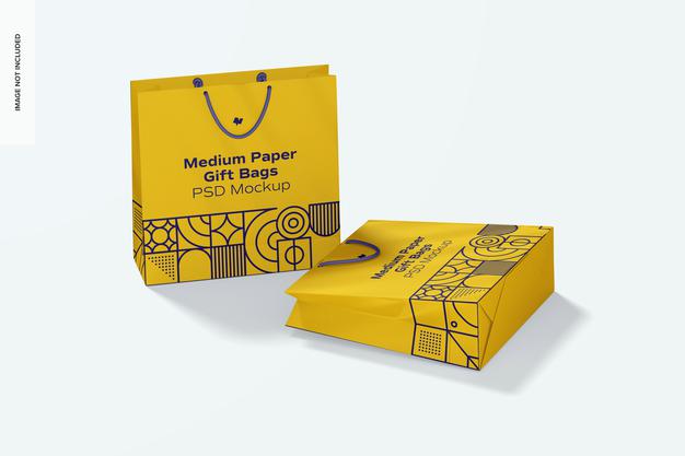 Free Medium Paper Gift Bag With Rope Handle Mockup, Dropped Psd