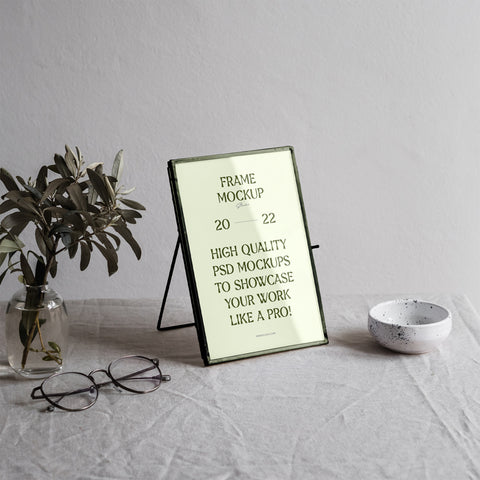Free Mini Gold Frame On Table Mockup