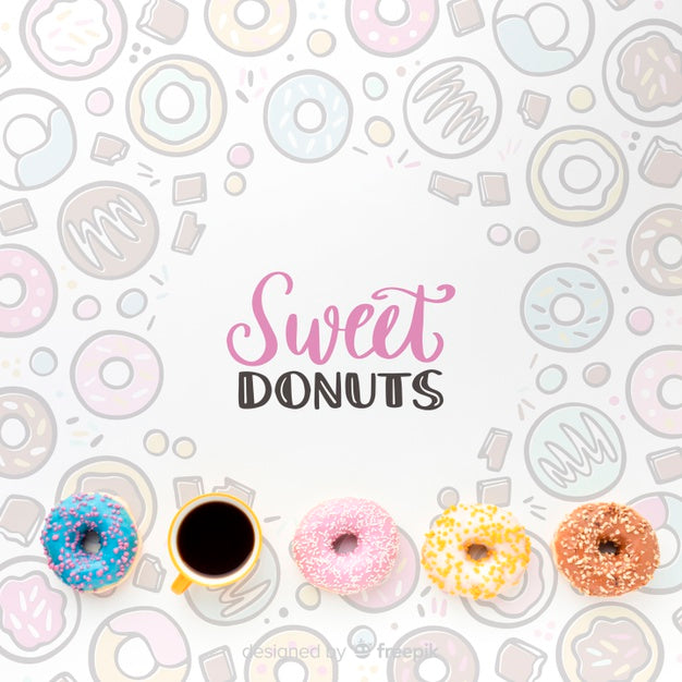 Free Mix Of Colorful Donuts And Coffee With Mock-Up Psd