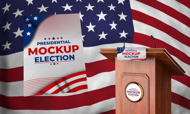 Free Mock-Up Presidential Election Podium For United States With Flag And Poster Psd