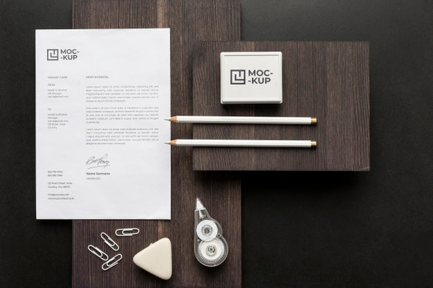 Free Mock-Up Stationery On Wood Arrangement Psd