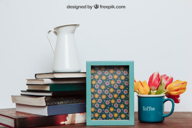 Free Mockup Of Frame And Many Books Psd