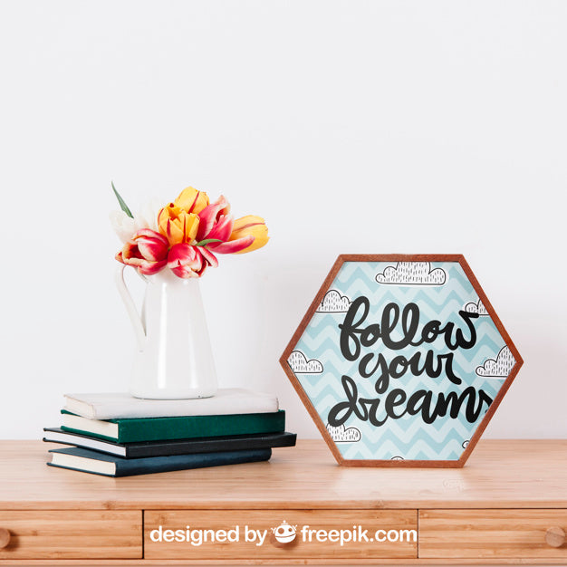 Free Mockup Of Hexagonal Frame Next To Books Psd