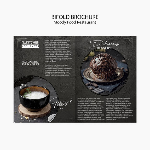 Free Moody Food Restaurant Bifold Brochure Concept Mock-Up Psd