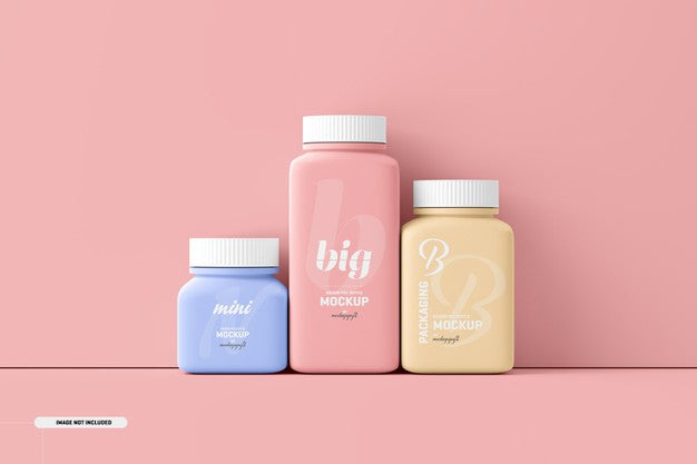 Free Multi Size Square Pill Supplement Bottle Mockup Psd