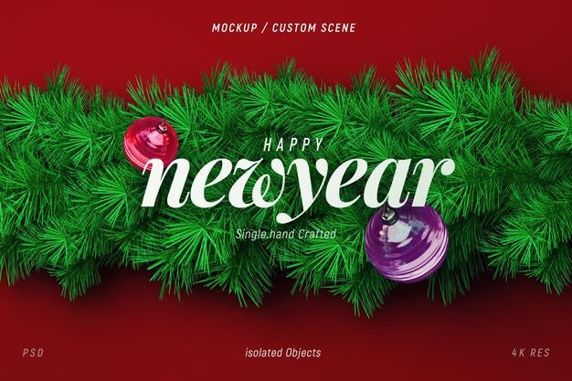 Free New Year And Winter Background Mockup With Christmas Tree Branches Top View For Poster Or Banner Psd