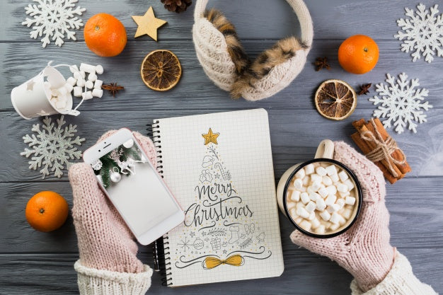 Free Notebook Mockup With Christmas Decoration Psd