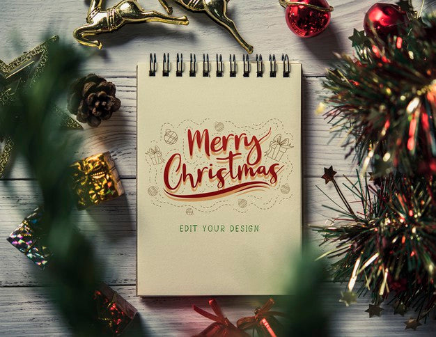Free Notebook Mockup With Christmas Decoration Psd