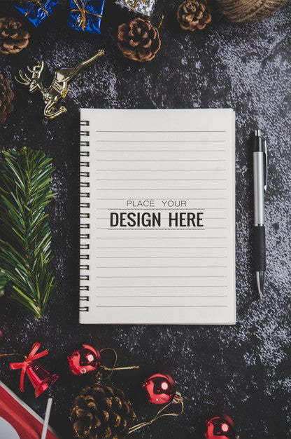 Free Notebook Mockup With Christmas Decoration Psd