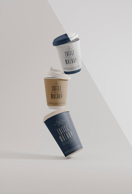 Free Paper Coffee Branding Levitation Mockup Psd