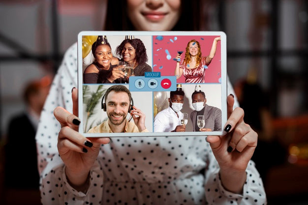 Free Party At Home Concept With Tablet Mockup Psd