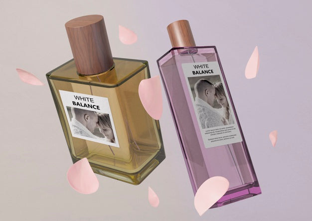 Free Petals And Perfume Bottles On Table Psd