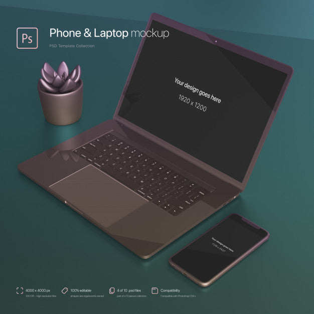 Free Phone And Laptop Setting Over An Abstract Desktop Mockup Psd
