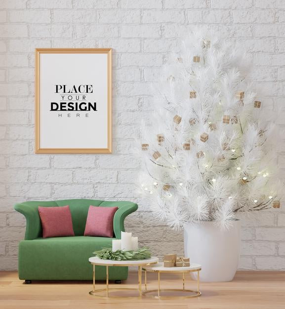 Free Poster Frame In Christmas Decoration Room Psd Mockup Psd