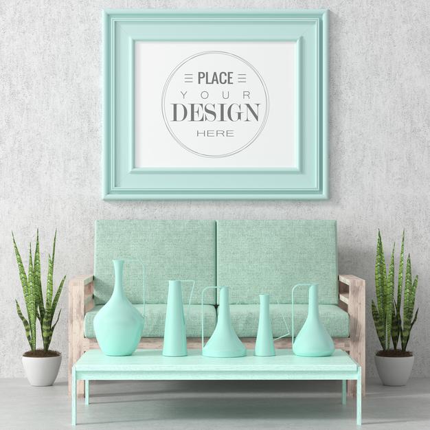 Free Poster Frame In Living Room Mockup Psd