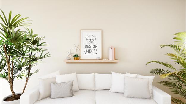 Free Poster Frame In Living Room Mockup Psd