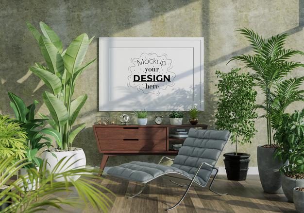 Free Poster Frame In Living Room Mockup Psd