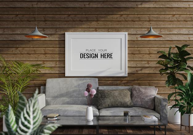 Free Poster Frame In Living Room Mockup Psd