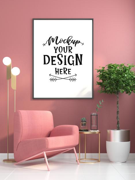 Free Poster Frame In Living Room Mockup Psd