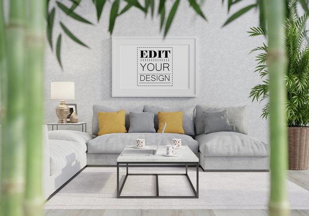 Free Poster Frame In Living Room Psd Mockup Psd