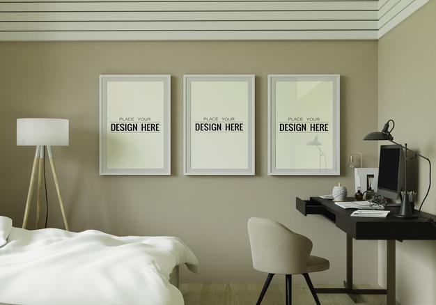 Free Poster Frame Mockup Interior In A Bedroom Psd