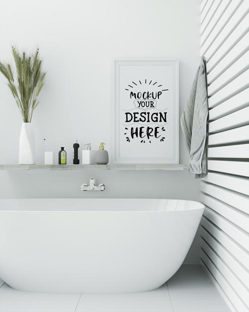 Free Poster Frame Mockup On Bathroom Interior Psd