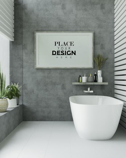 Free Poster Frame Mockup On Bathroom Interior Psd