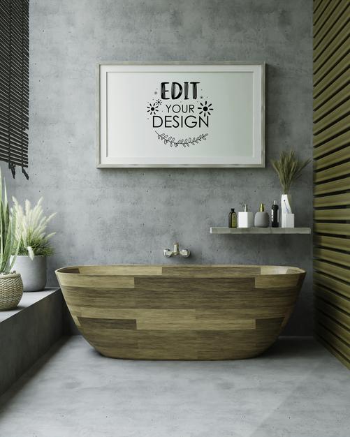 Free Poster Frame Mockup On Bathroom Interior Psd