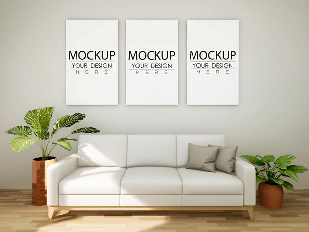 Free Poster Frame Mockup On The Wall With Plant Psd