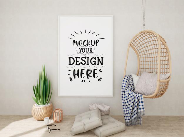 Free Poster Frame Mockup On The Wall With Plant Psd