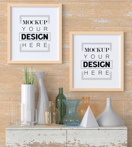 Free Poster Frame Mockup On The Wall With Plant Psd